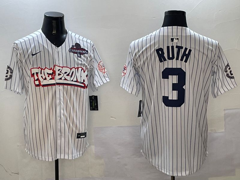 Men New York Yankees #3 Ruth White Stripe four generations Joint Name 2025 Nike MLB Jersey style 2->new york yankees->MLB Jersey